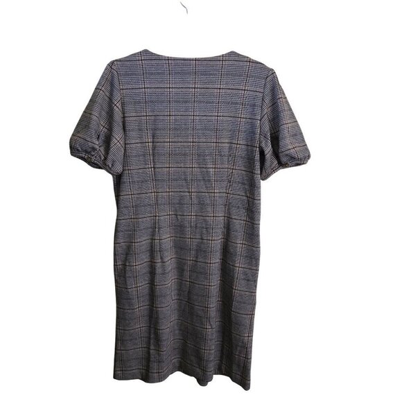 Loft Plaid Puff Sleeve Pocket Dress Neutral Tan Black Plaid Size 8 - Picture 3 of 10